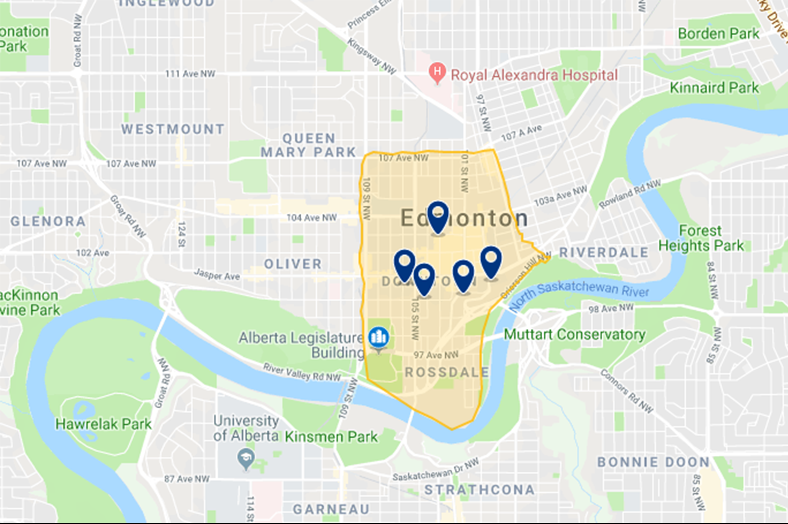 Mapa da área central de Edmonton Mapa da área central de Edmonton